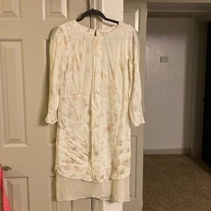 White/gold foil long sleeve Rebecca Taylor dress